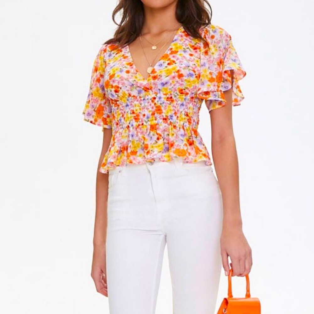 Small forever 21 White and orange multi color Floral Butterfly Sleeve Top